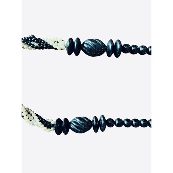 Black Stone & White Beaded Twisted Necklace With Large Black Accents Multistrand - Picture 6 of 6
